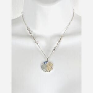 Vintage Avon Floral Enamel Pendant Necklace Silver Tone Beaded Chain Blue Green